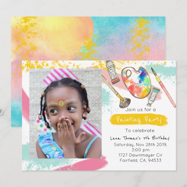 Invitation Joli enfant peinture art anniversaire photo invita (Devant / Derrière)