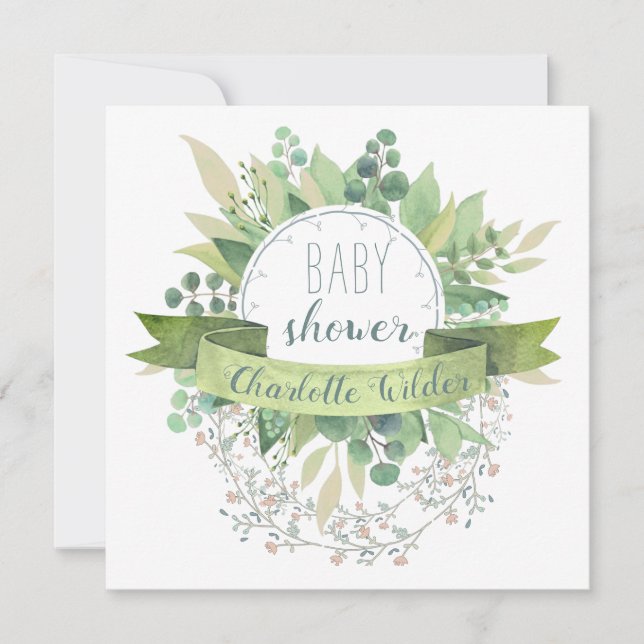Invitation Joli Eucalyptus accrochant le Baby shower des vign (Devant)
