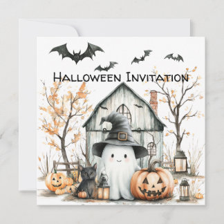 Invitation Joli fantôme blanc et orange avec grange d'automne