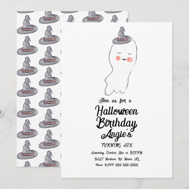 Invitation Joli fantôme doodle Halloween anniversaire événeme (Devant / Derrière)