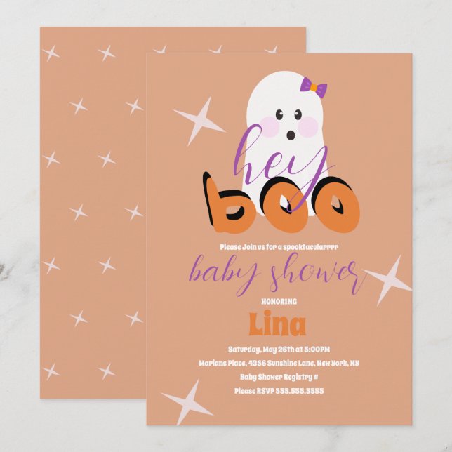 Invitation Joli fantôme Halloween Baby Shower Script rétro  (Devant / Derrière)