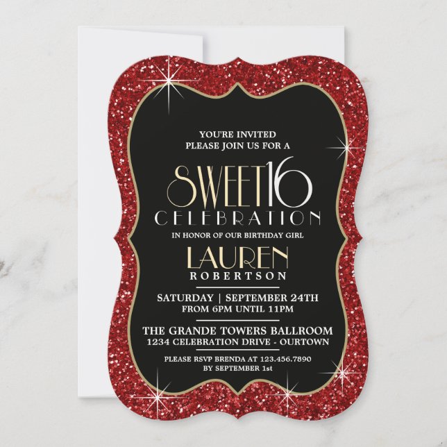 Invitation Joli Faux Red Parties scintillant Sweet 16 Invitat (Devant)