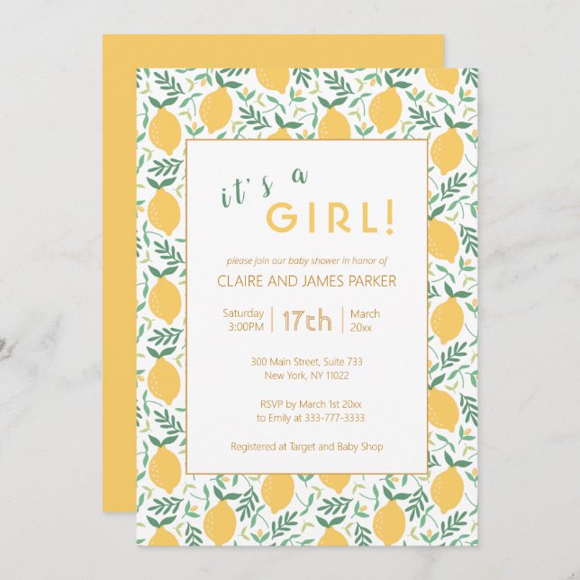 Invitation Joli feuillage de citron jaune | Baby Girl Shower (Devant / Derrière)