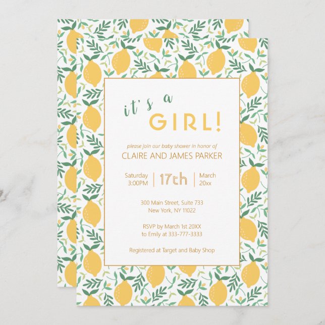 Invitation Joli feuillage de citron jaune | Baby shower fille (Devant / Derrière)