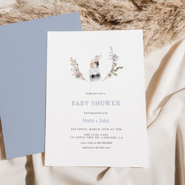 Invitation Joli Fleur sauvage Bunny Dusty Baby shower bleu (Créateur téléchargé)