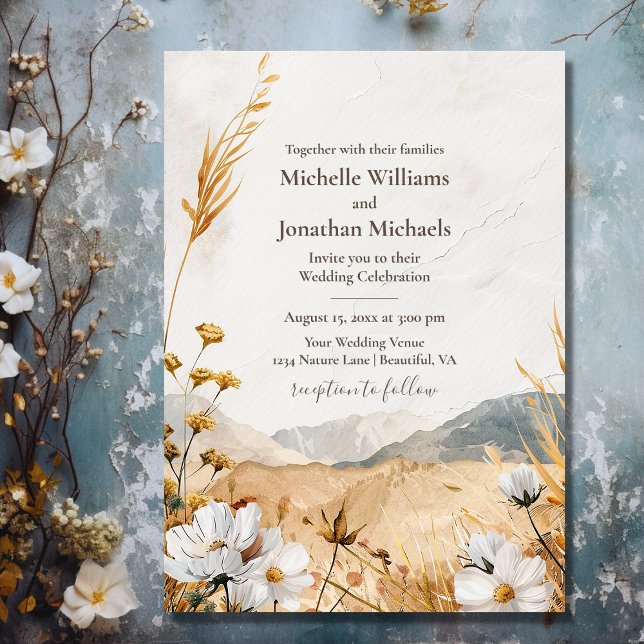 Invitation Joli Fleur sauvage de montagne Boho Mariage (Front - Pretty Boho Mountain Wildflower Wedding Invitation)