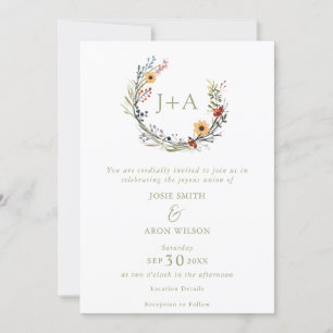 Invitation Joli fleur sauvage mariage des initiales de couron