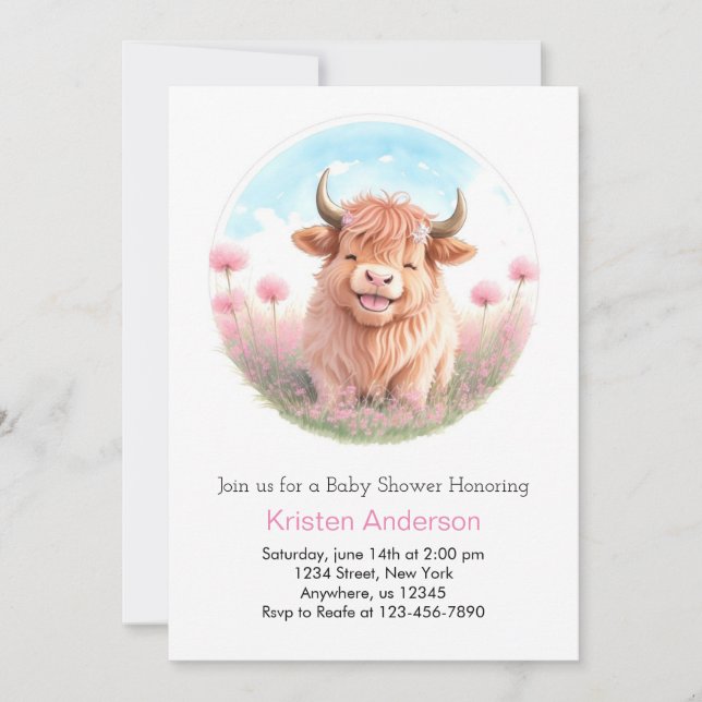 Invitation Joli Fleur sauvage rose Highland Cow Girl Baby sho (Devant)