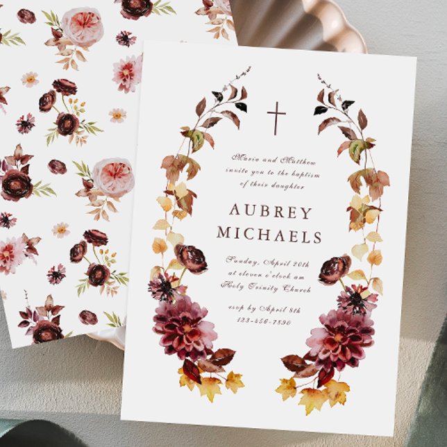 Invitation Joli Fleur sauvage Simple Croix Baptême de fille (Créateur téléchargé)