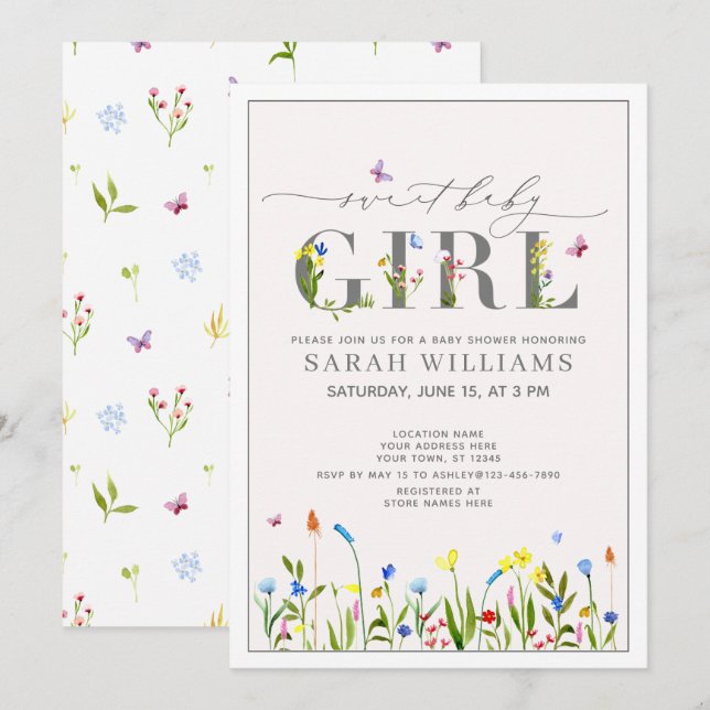 Invitation Joli Fleur sauvage Sweet Baby Girl Script douche (Devant / Derrière)