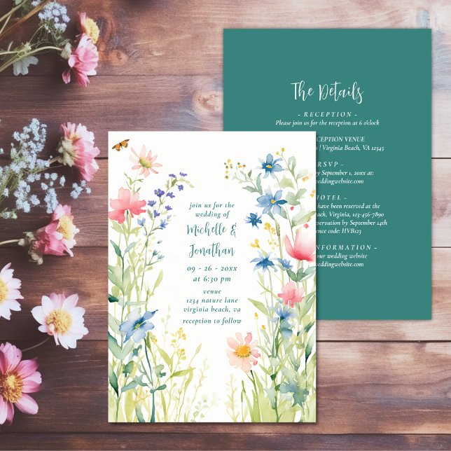 Invitation Joli Fleurs sauvages d'aquarelle tous en un Mariag (Pretty Watercolor Wildflowers All in One Wedding Invitation)