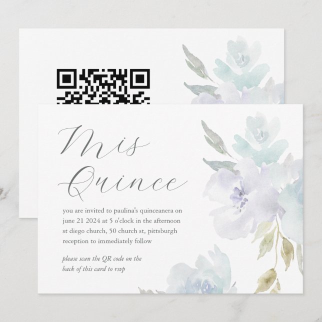 Invitation Joli Floral 15e Anniversaire Quinceañera QR Code (Devant / Derrière)