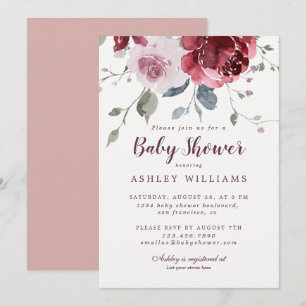 Invitation Joli Floral Dusty Rose Rose Baby shower Bourgogne