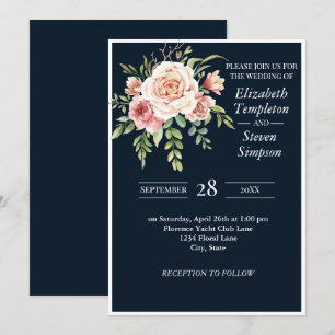Invitation Joli floral moderne marine rose gras Mariage