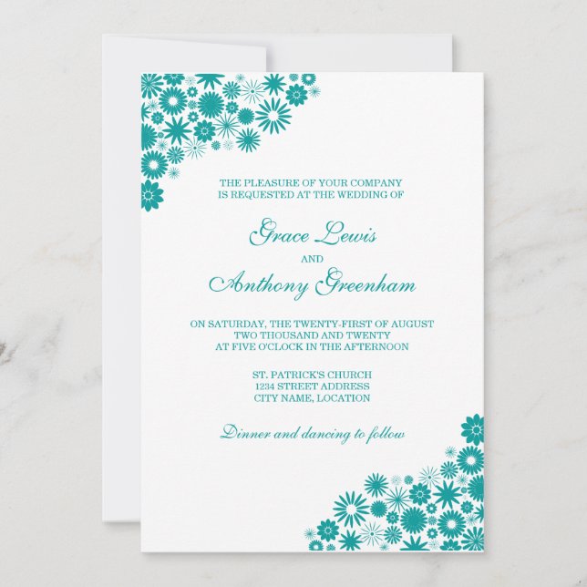 Invitation Joli Floral Turquoise Mariage (Devant)