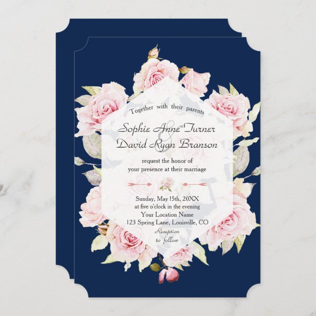 Invitation Joli flush Floral géométrique Marine Mariage bleu (Devant / Derrière)