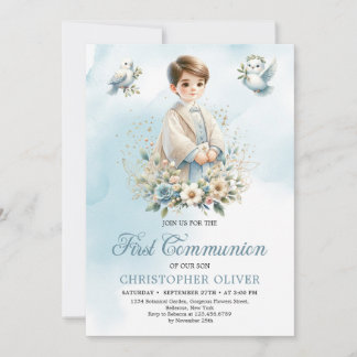 Invitation Joli garçon bleu fleurs blanches colombes Première