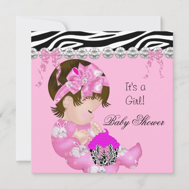 Invitation Joli gâteau bébé fille Shower Rose Zèbre cupcake 3 (Devant)