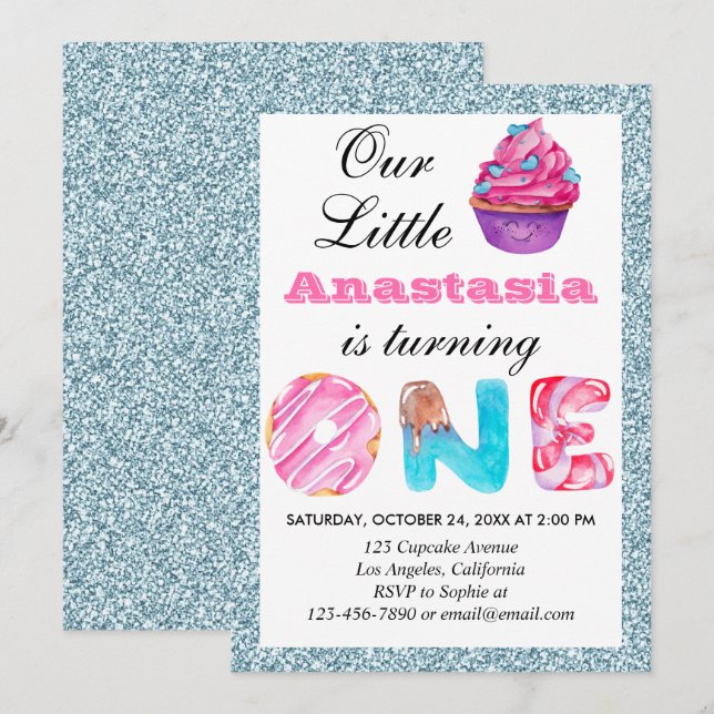 Invitation Joli gâteau light blue glitter 1er anniversaire (Devant / Derrière)