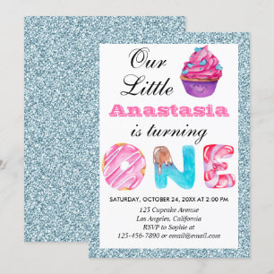 Invitation Joli gâteau light blue glitter 1er anniversaire