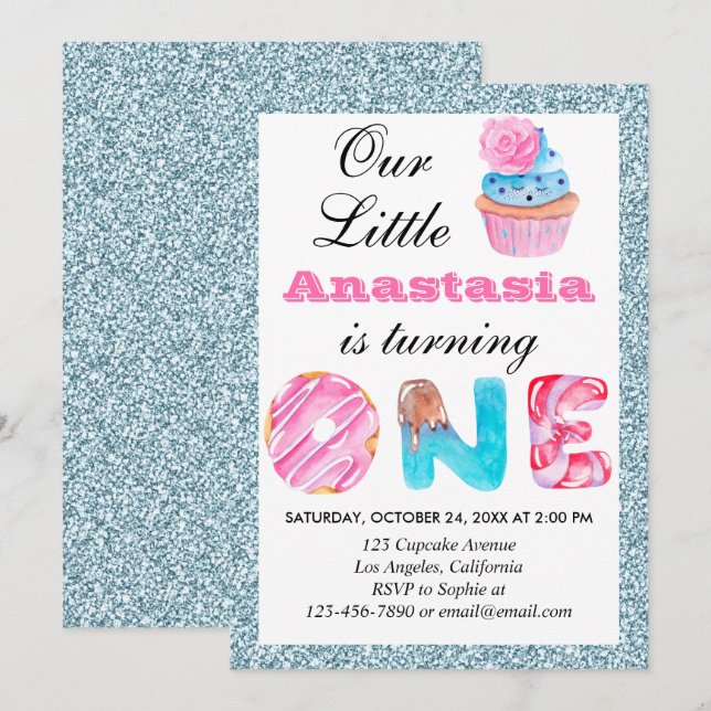 Invitation Joli gâteau light blue glitter 1er anniversaire (Devant / Derrière)