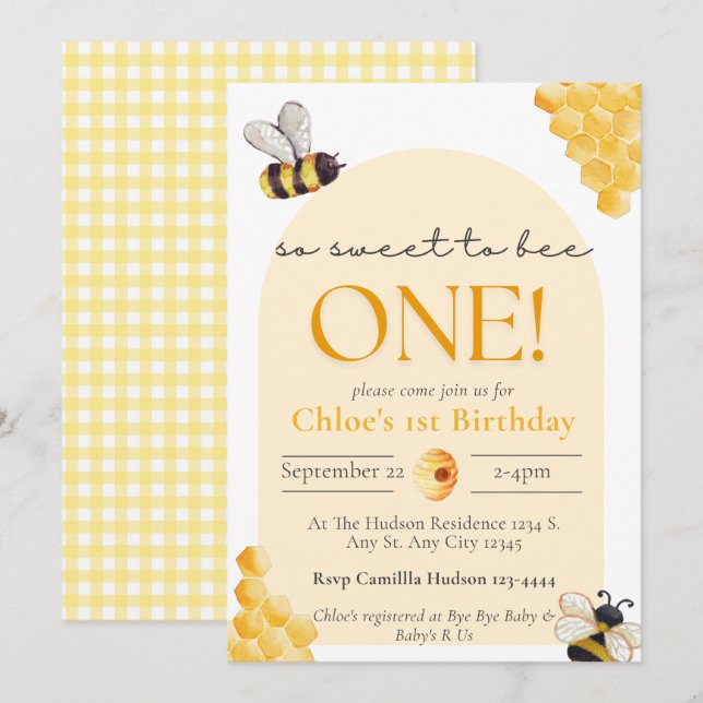 Invitation Joli Gingham Jaune Tellement Mignon Pour L'anniver (Devant / Derrière)