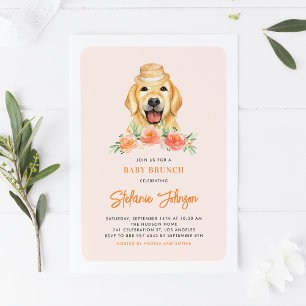 Invitation Joli Golden Retriever Peach Flowers Baby Brunch