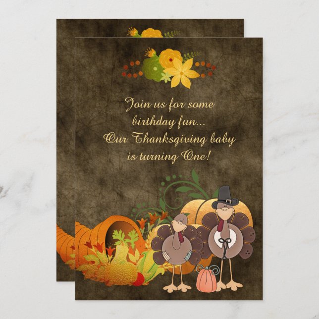 Invitation Joli Golden Thanksgiving Turkey Boy's 1st Birthday (Devant / Derrière)