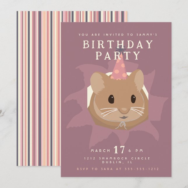 Invitation Joli hamster d'anniversaire aux tons feutrés (Devant / Derrière)