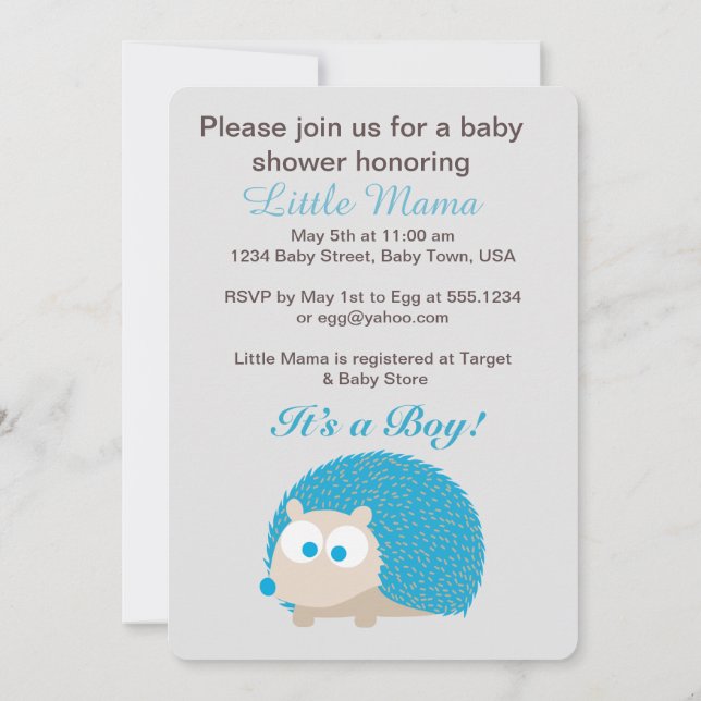 Invitation Joli hérisson C'est un garçon ! Baby shower (Dos)
