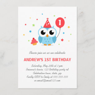 Invitation Joli hibou de fête avec ballons et cupcake anniver