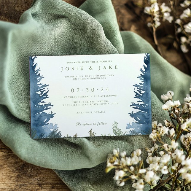Invitation Joli hiver neigeux pins vert (Pretty winter pine trees green wedding invitation)