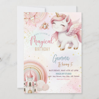 Invitation Joli Imaginaire Rose or Unicorn Château Anniversai