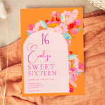 Invitation Joli jardin audacieux rose floral doux 16<br><div class="desc">Gras vibrante Joli jardin rose,  rouge et bleu floral doux 16 ans fête avec audacieuse trop grande main peint fleurs abstraites avec une police élégante et moderne de caractères de brosse sur orange gras. Parfait pour le printemps,  fête d'anniversaire d'été !</div>