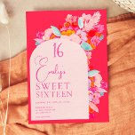 Invitation Joli jardin audacieux rose floral doux 16<br><div class="desc">Gras vibrante Joli jardin rose,  rouge et bleu floral doux 16 ans fête avec audacieuses fleurs abstraites peintes à la main avec une police élégante et moderne script de brosse sur audacieuse fuchsia rouge. Parfait pour le printemps,  fête d'anniversaire d'été !</div>