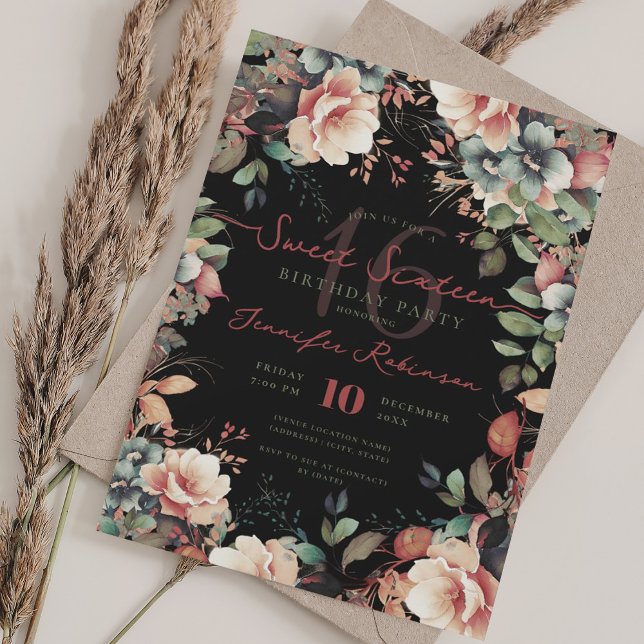 Invitation Joli jardin Boho Floral Sweet 16 Noir (Pretty Boho Garden Floral Sweet 16 Black Invitation)