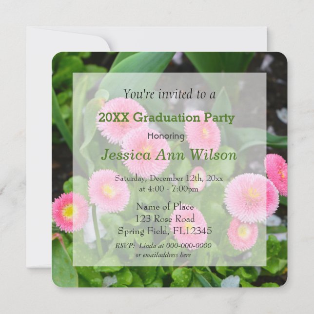 Invitation Joli jardin rose marguerite fleurs graduation (Dos)