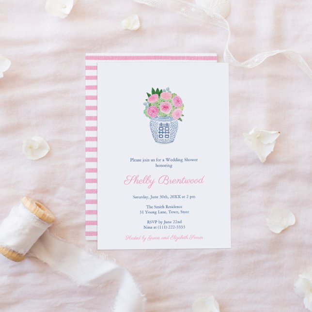 Invitation Joli Jardin rose Roses Fête des mariées Ginger Jar (Pink Garden Roses With Foliage In Ginger Jar Bridal Shower Invitation With Pink White Stripe Reverse)