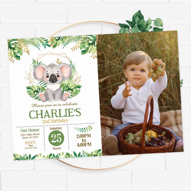 Invitation Joli Koala Fleur de Sauge Verdure 2e Anniversaire  (Créateur téléchargé)