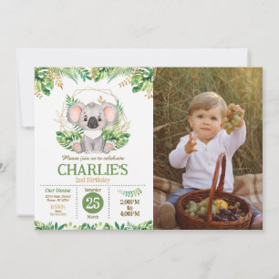 Invitation Joli Koala Fleur de Sauge Verdure 2e Anniversaire 