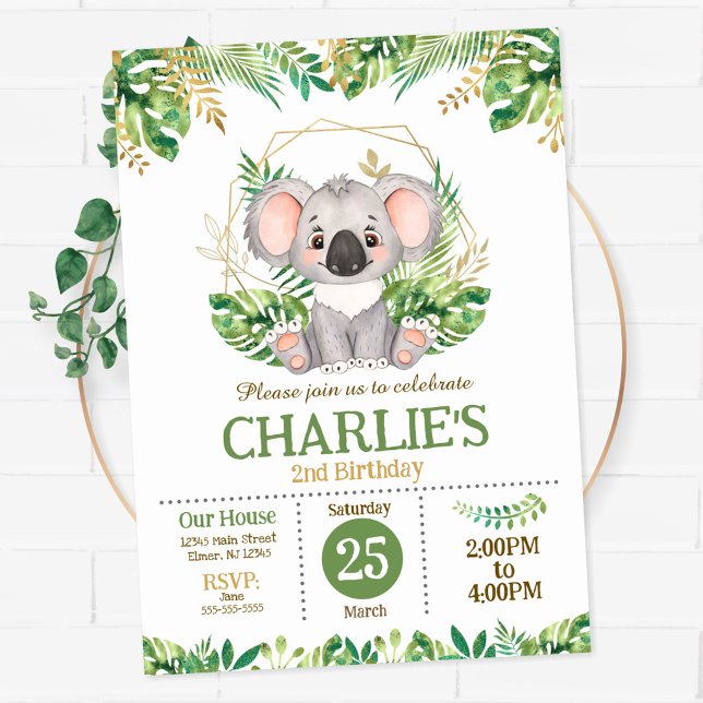 Invitation Joli Koala Fleur de Sauge Verdure 2ème Anniversair (Créateur téléchargé)