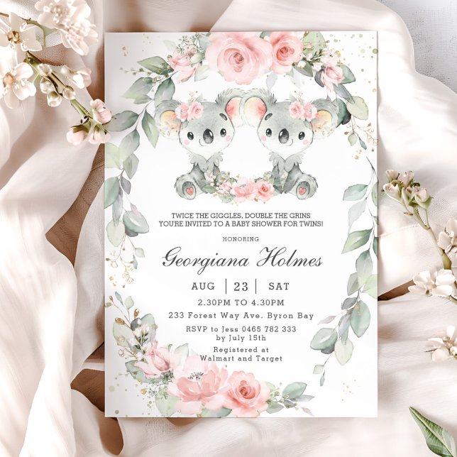 Invitation Joli Koalas Rose Floral Twin Girls Baby shower (twins girls koala bears blush pink floral sage greenery wreath baby shower invitation cards digital)