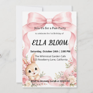 Invitation Joli Lapin à Ruban Rose Coquette pour 1er Annivers