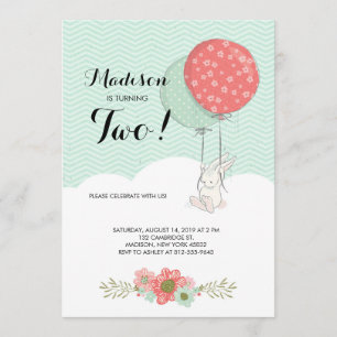 Invitation Joli lapin blanc avec ballons fête d'anniversaire
