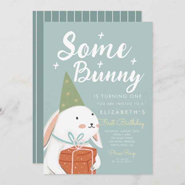 Invitation Joli lapin blanc Un lapin devient un Anniversaire (Devant / Derrière)