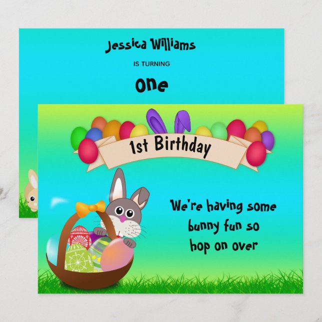 Invitation Joli Lapin Dans Un Panier Pâques 1er Anniversaire (Devant / Derrière)