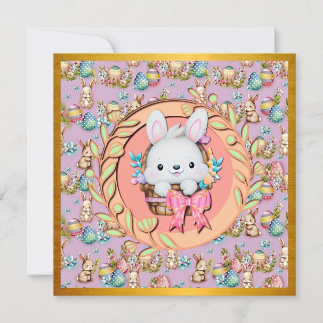 Invitation Joli lapin de Pâques assis dans le panier (Devant)