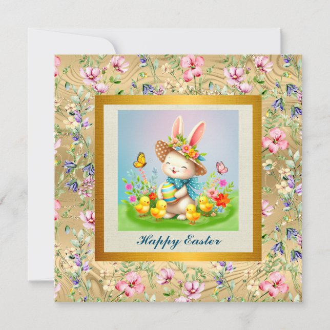 Invitation Joli lapin de Pâques et fleurs joyeuses de printem (Devant)