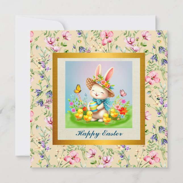 Invitation Joli lapin de Pâques et joyeuses fleurs de printem (Devant)