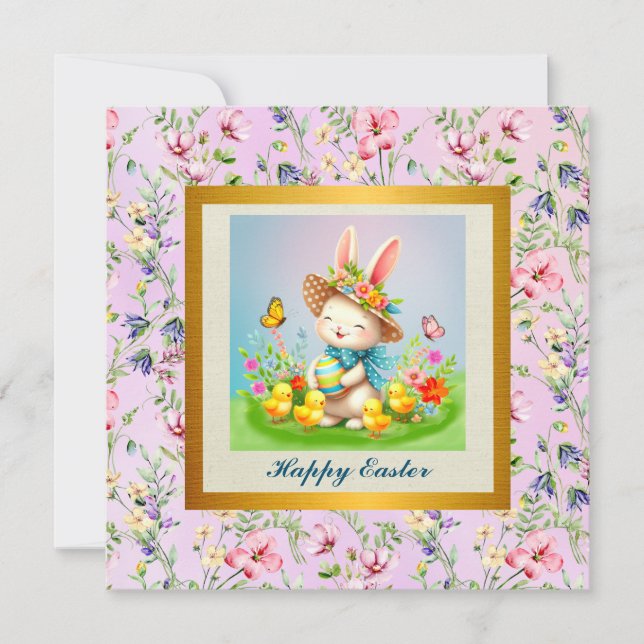 Invitation Joli lapin de Pâques et joyeuses fleurs de printem (Devant)